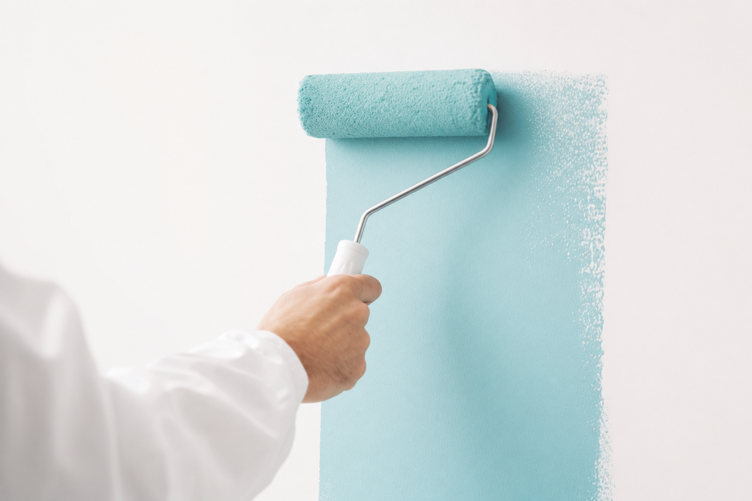 Handwerker rollt frische türkise Farbe auf eine weiße Wand