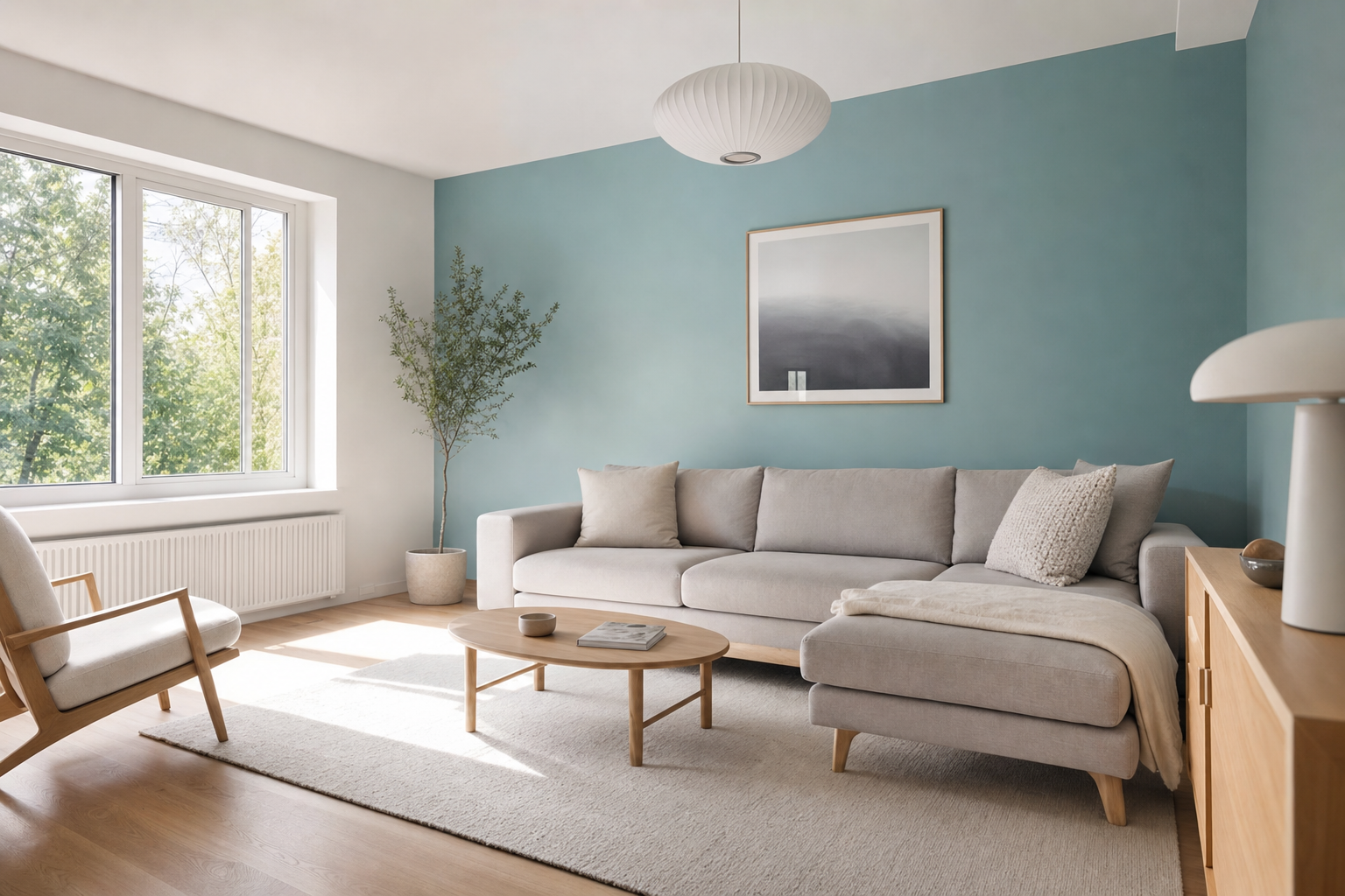 Wohnzimmer-Neugestaltung – Akzentwand in Türkis kombiniert mit klassischem Weiß — heller, ruhiger Wohnraum mit modernem Charakter.